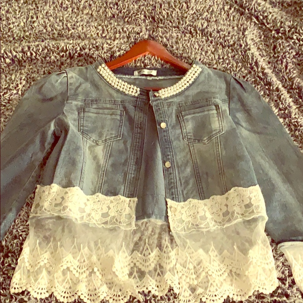 Jean jacket with pearls, and lace.
